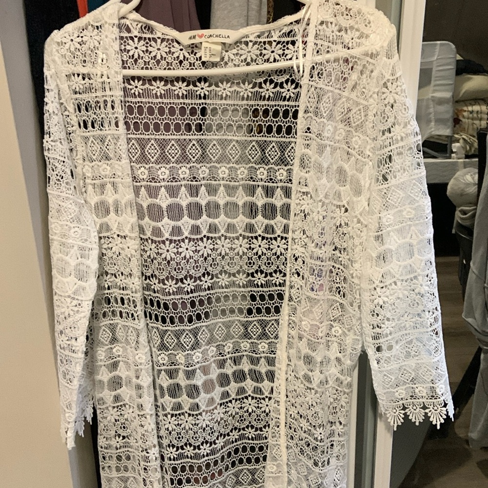 White Lace Long crotchet Cardigan H&M Coachella XS